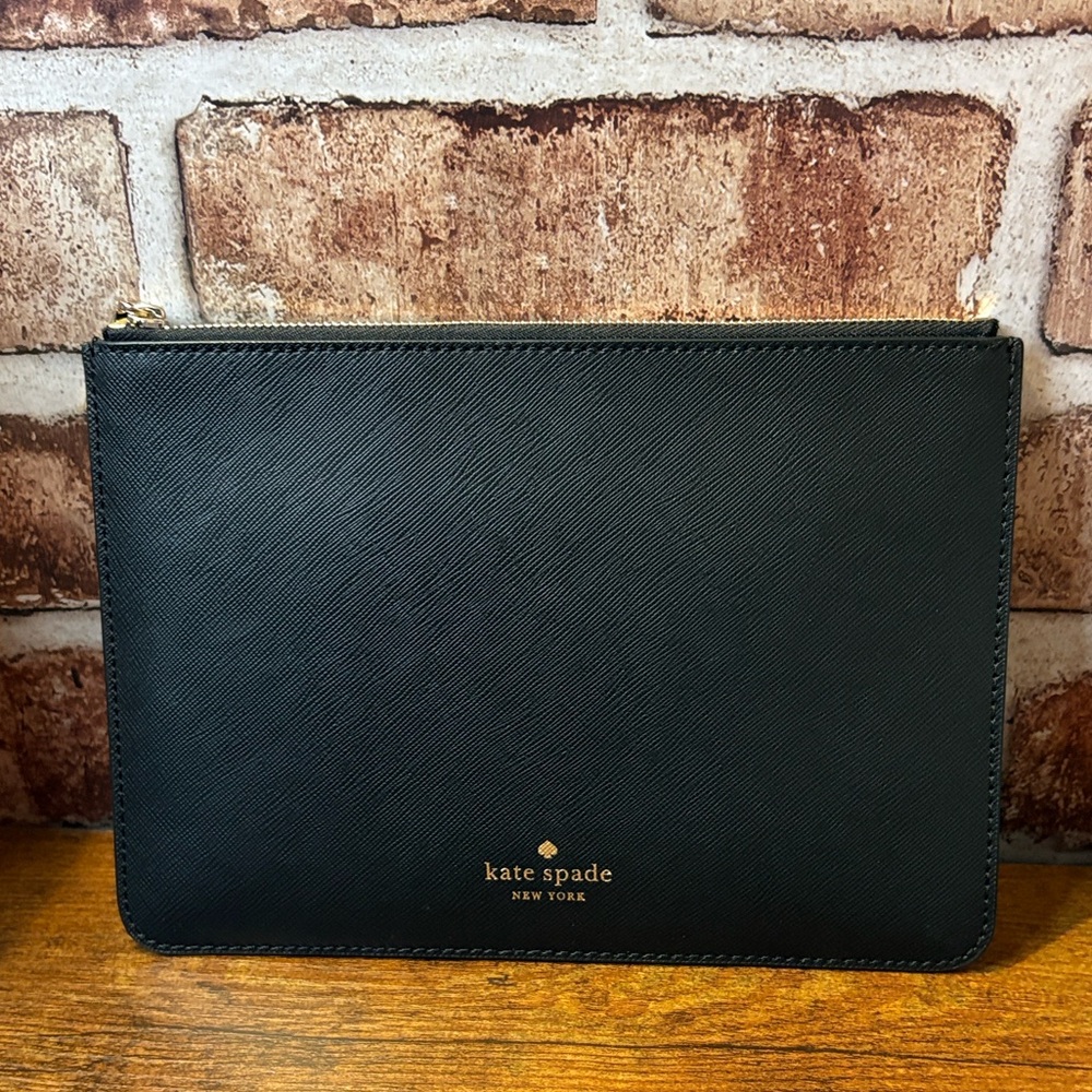 Kate Spade Black Saffiano Leather Zip Pouch with Black Logo and Hardware NWOT
